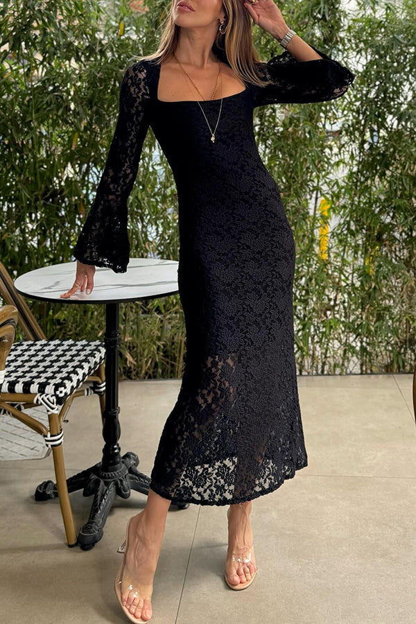 LD Luxe Lifestyle Kant Jurk met Vierkante Hals Klokmouwen Gevoerd Split Midi Dress