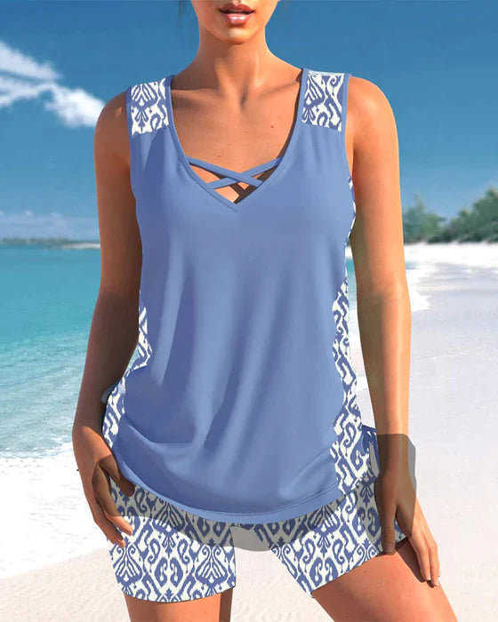 LD | Tankini met tribalprint en gekruiste details