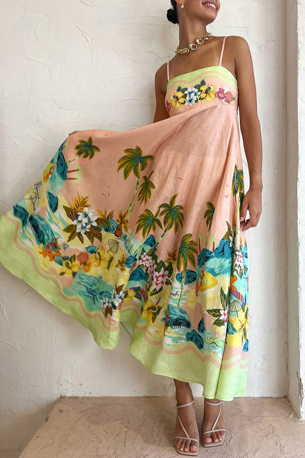 LD | Coconut Scenery Linnenmix Tropische Print Midi Dress met gesmokte rug
