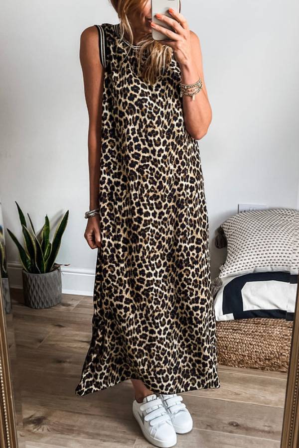 LD | Zwart contrast gestreept luipaardprint mouwloze midi jurk