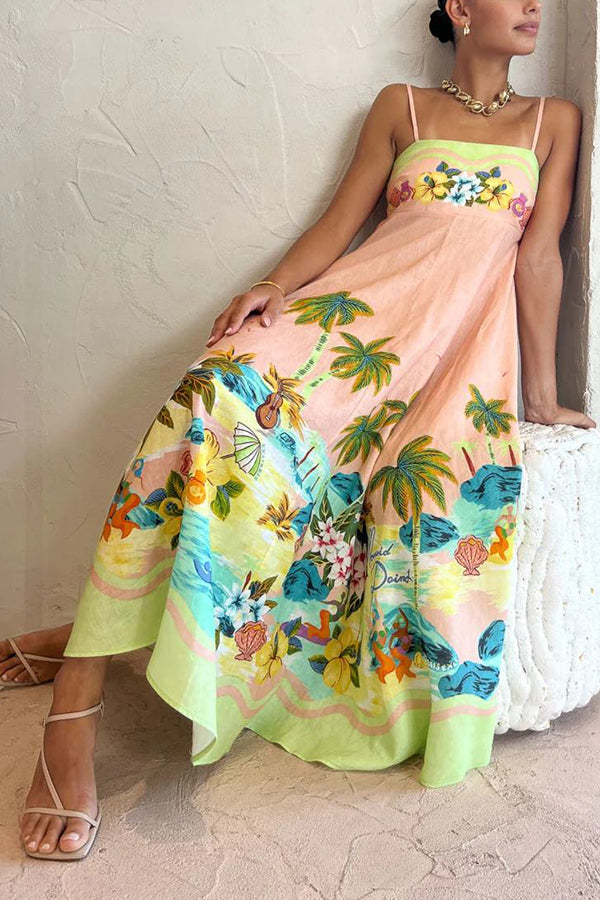 LD | Coconut Scenery Linnenmix Tropische Print Midi Dress met gesmokte rug