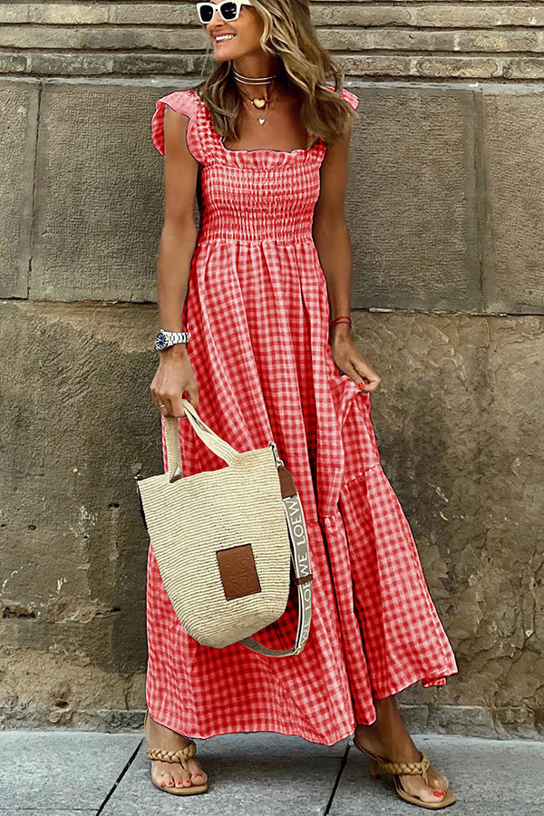 LD | Singing Solo Multi Plaid Maxi Dress met gesmokte bovenkant