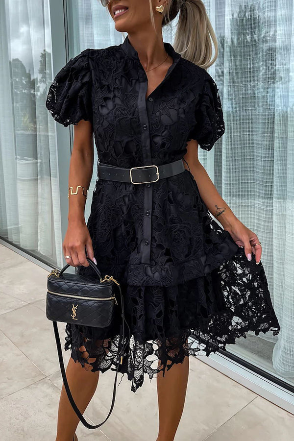 LD | Absoluut Elegant Bloemig Gehaakt Kant Pofmouw Riem Overhemd Midi Dress