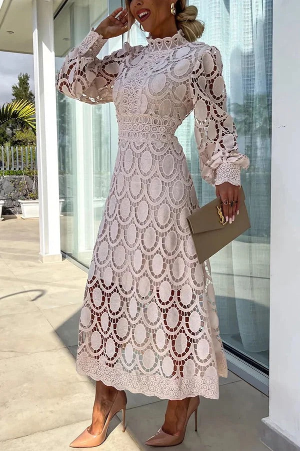 LD sensuele en elegante midi-jurk met gehaakte kanten lantaarnmouwen