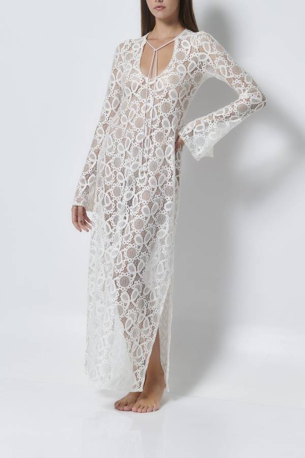 LD Santorini Sunset Floral Lace Long Sleeve Slit Holiday Maxi Dress