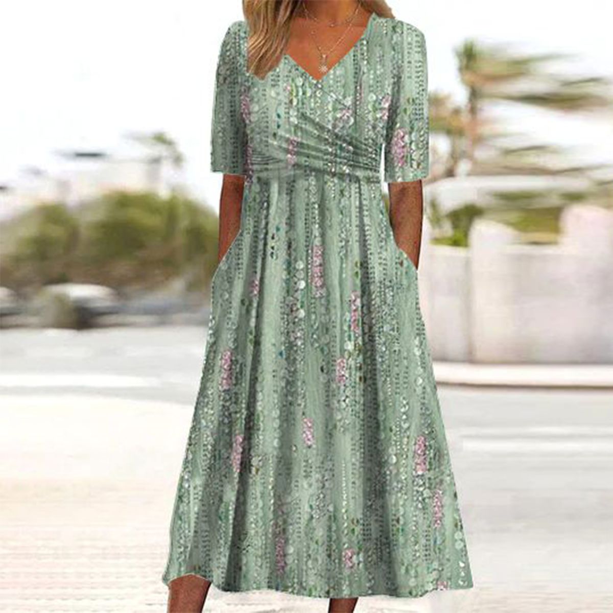 LD Groene midi-jurk met plantenprint op de zijkant