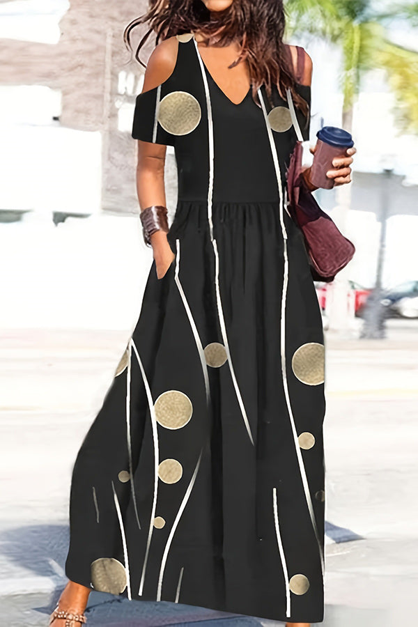 LD | Ayden Plant Print Koud Schouder Uitlopende Maxi Dress met Zakken