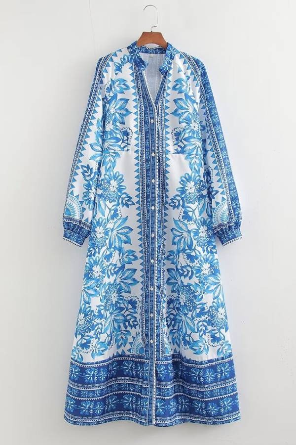LD | Unieke Print Button Down Lange Mouw Shirt Maxi Dress