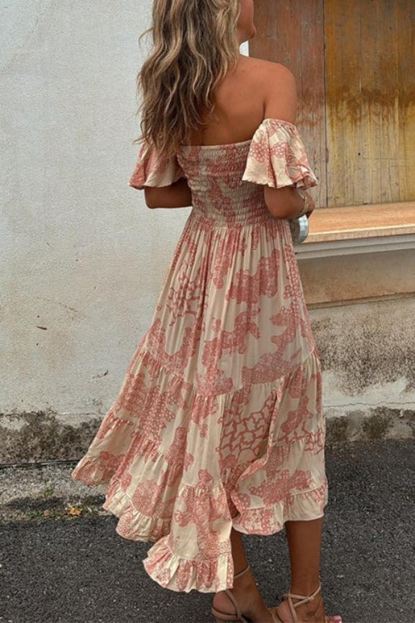 LD Pitaya Unieke print Off Shoulder Smocked Ruffle Mouwen Gelaagde Midi Dress