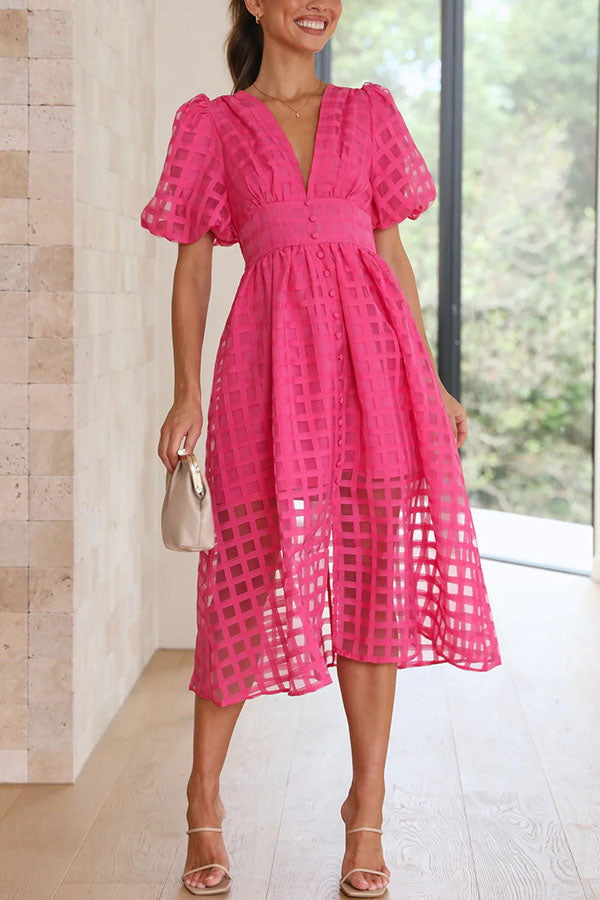 LD | Opmerkelijke Schoonheid Vierkante Gedessineerde Stof Puff Mouwen Party Midi Dress