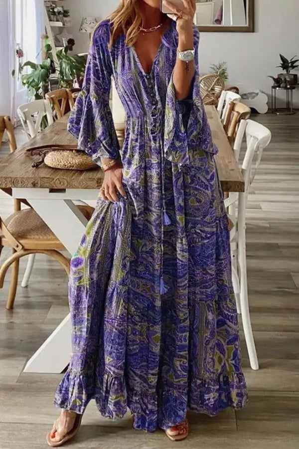LD | V-hals Losse Peris Print Vakantie Lange Mouw Maxi Dress