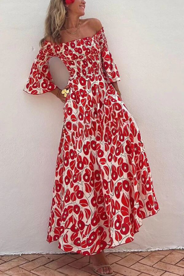 LD | Close To The Vacation Bloemenprint Gesmockte Off Shoulder Pocketed Maxi Dress