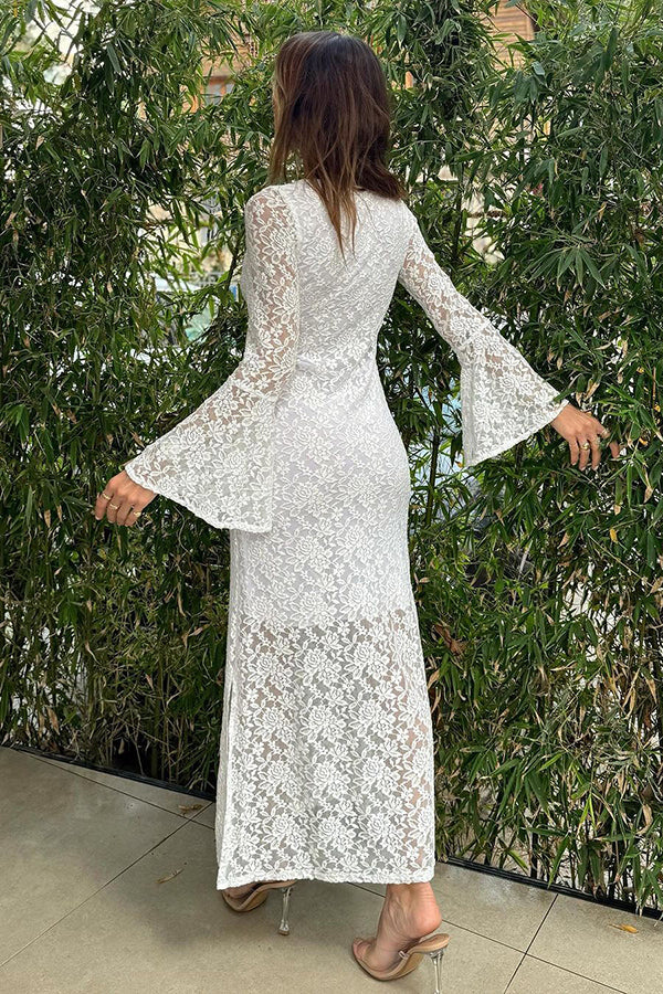 LD Luxe Lifestyle Kant Jurk met Vierkante Hals Klokmouwen Gevoerd Split Midi Dress