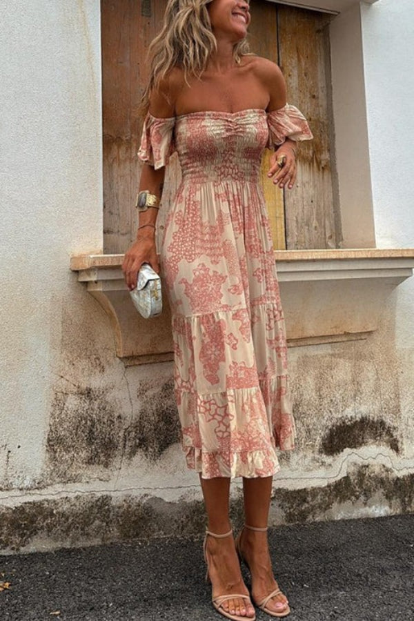 LD Pitaya Unieke print Off Shoulder Smocked Ruffle Mouwen Gelaagde Midi Dress