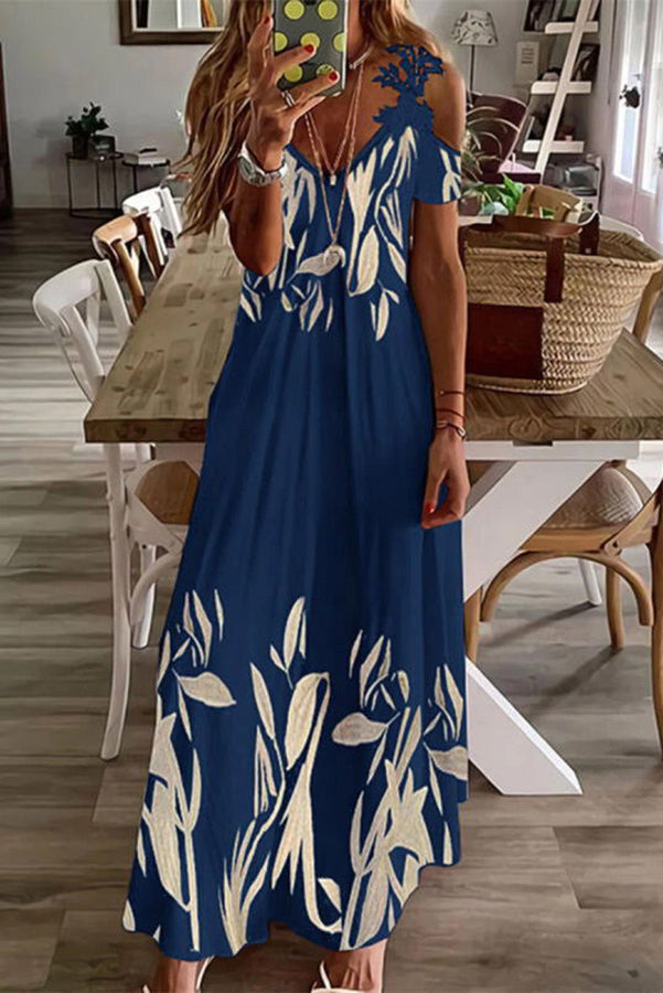 LD Viana Contrastkleurige maxi-jurk met kantprint en rechte mouwen