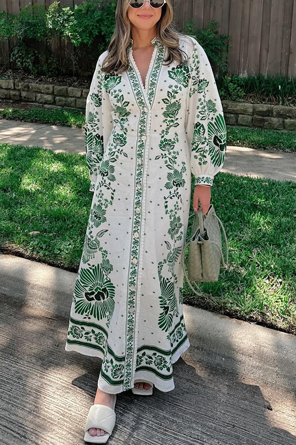 LD | Unieke Print Button Down Lange Mouw Shirt Maxi Dress