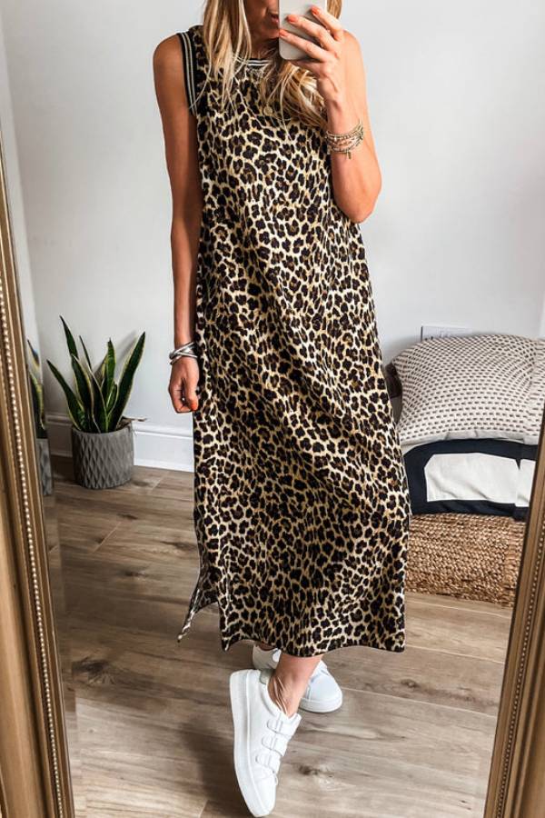LD | Zwart contrast gestreept luipaardprint mouwloze midi jurk