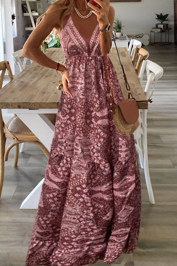 LD Celeste Boho geprinte maxi jurken met elastiek in de taille