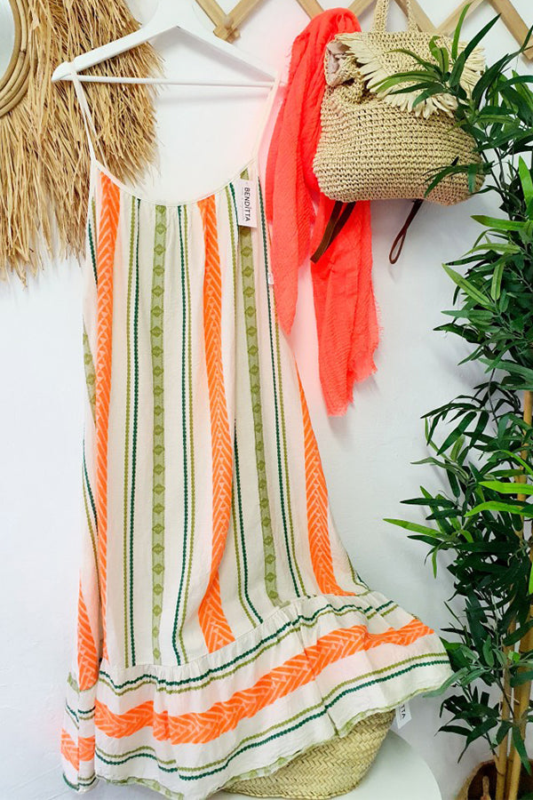 LD Happy Sunday Linnen mix etnische print A-lijn cami maxi jurk