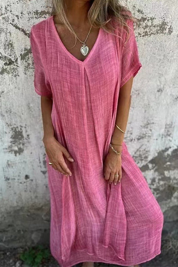 LD | V-hals loose fit katoenen linnen midi-jurk