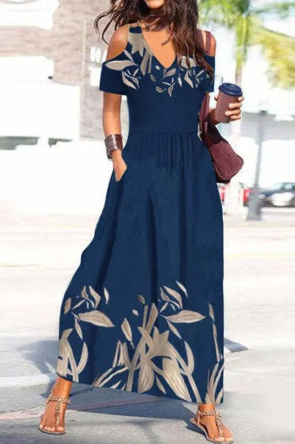 LD | Ayden Plant Print Koud Schouder Uitlopende Maxi Dress met Zakken