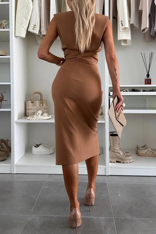 LD | Effen kleur Ronde hals Mouwloos Slim-fit midi-jurk met split