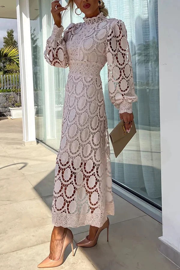 LD sensuele en elegante midi-jurk met gehaakte kanten lantaarnmouwen