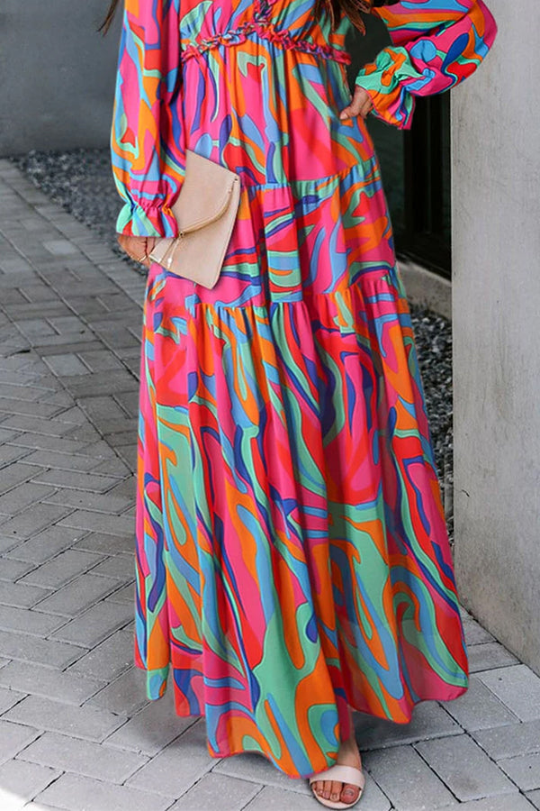 LD | Multicolour bloemenprint ruches laag uitgesneden maxi jurk