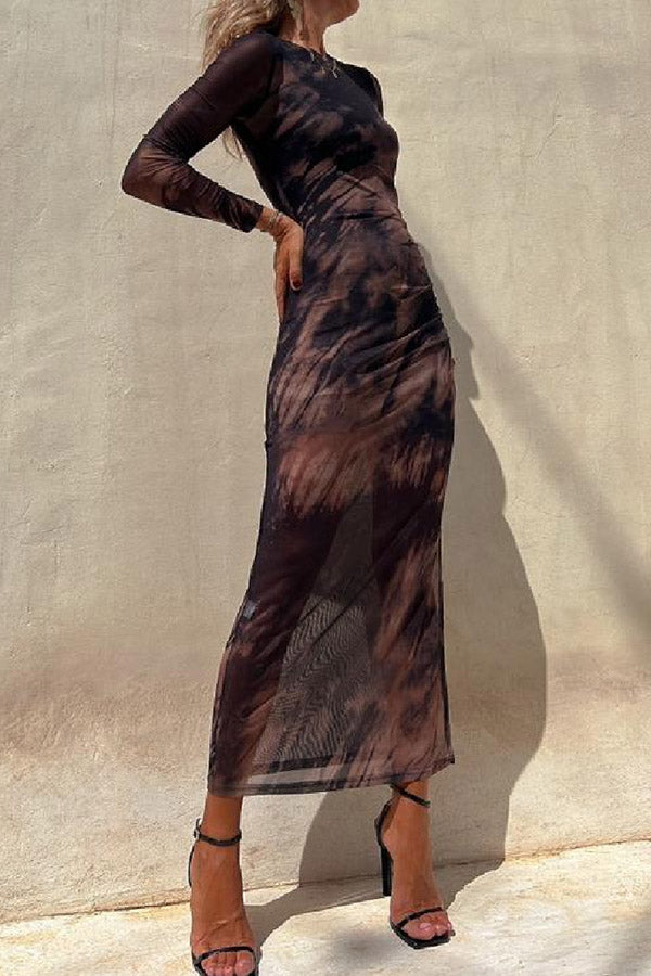 LD | Charm Lady Mesh Overlay Tie Dye Print Lange Mouwen Gerimpelde Stretch Midi Dress
