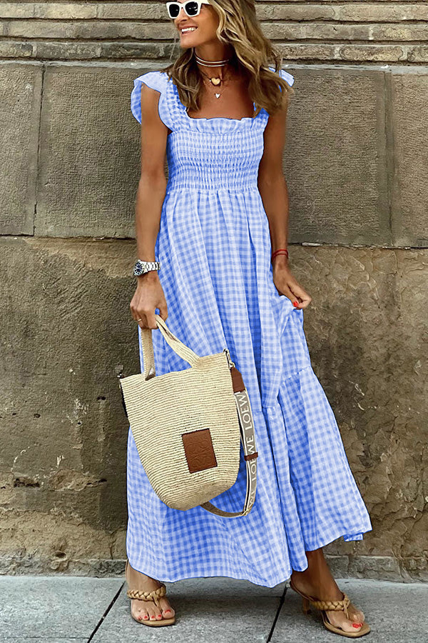LD | Singing Solo Multi Plaid Maxi Dress met gesmokte bovenkant
