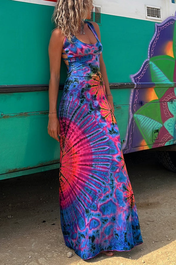 LD | La Bamba tie-dye print achter vetersluiting stretch maxi jurk