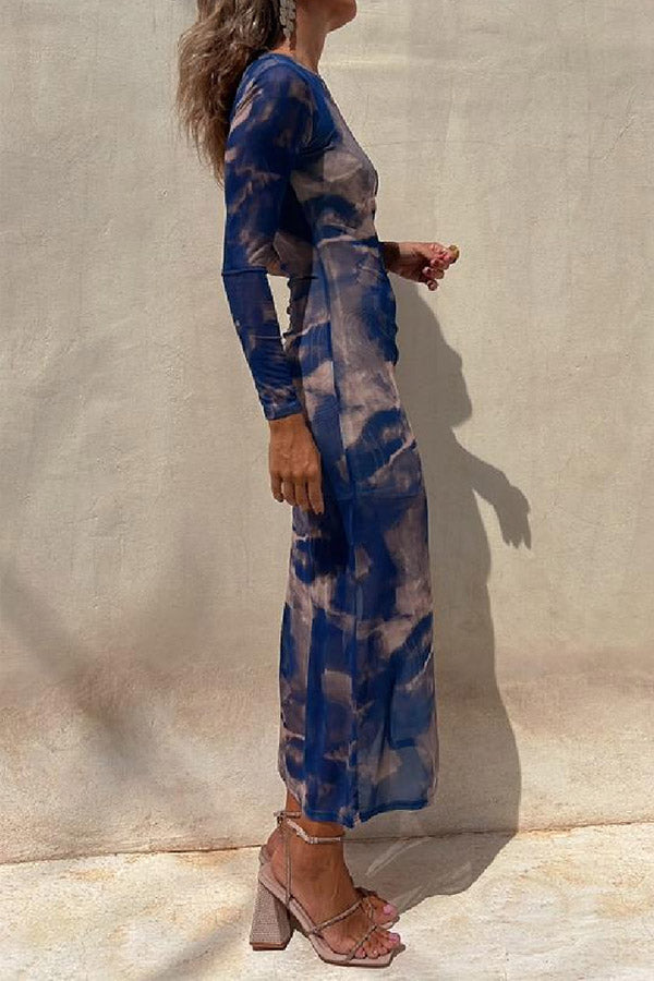 LD | Charm Lady Mesh Overlay Tie Dye Print Lange Mouwen Gerimpelde Stretch Midi Dress
