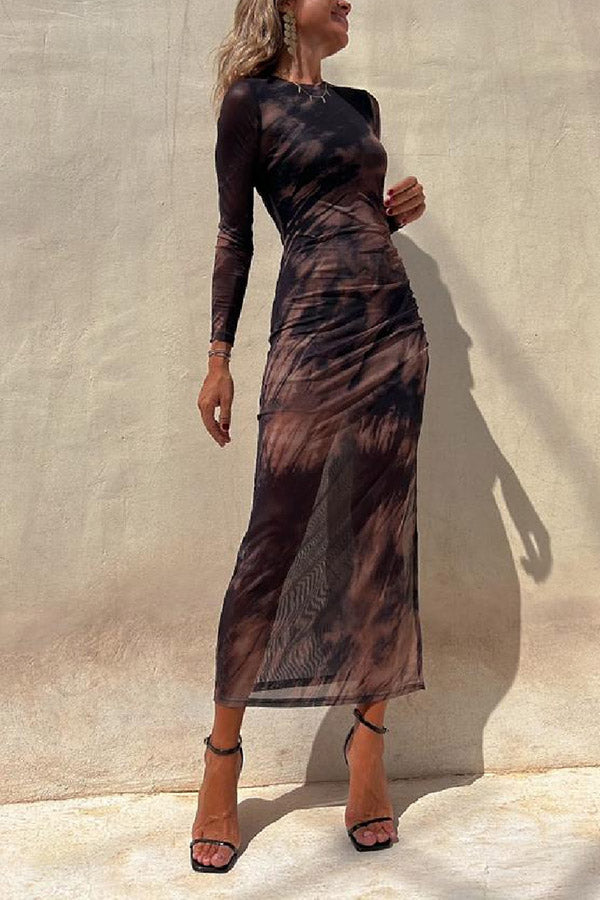 LD | Charm Lady Mesh Overlay Tie Dye Print Lange Mouwen Gerimpelde Stretch Midi Dress