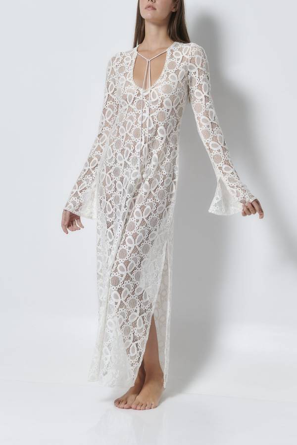 LD Santorini Sunset Floral Lace Long Sleeve Slit Holiday Maxi Dress