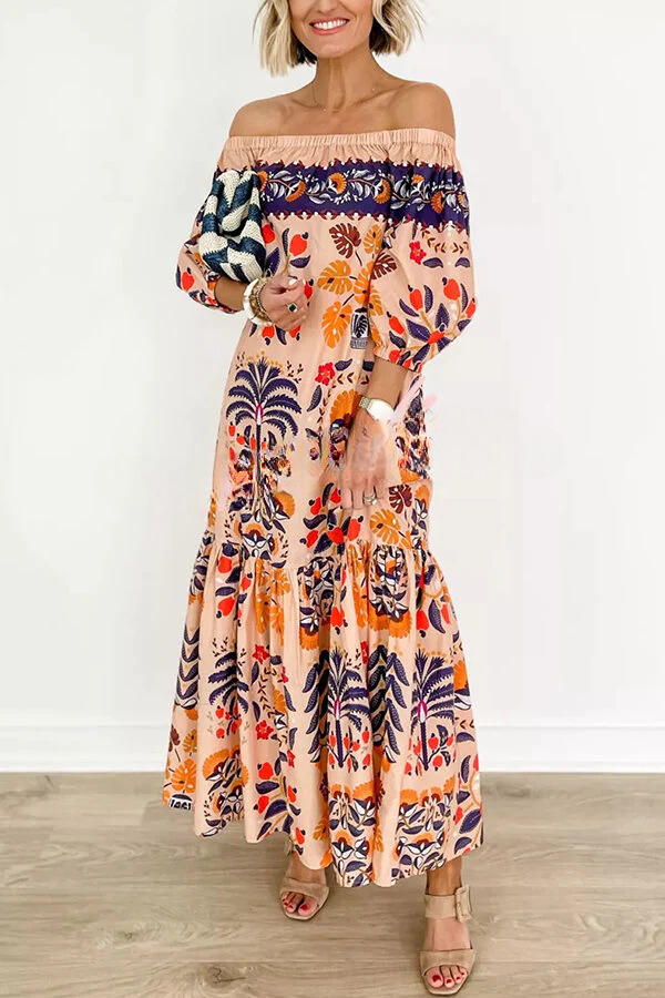 LD Island Lover Gedrukte off-the-shoulder, vloeiende midi-jurk