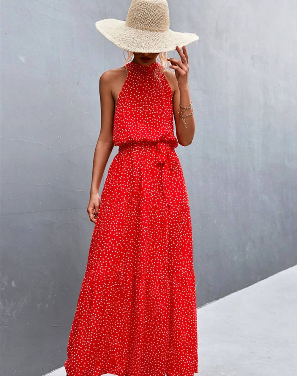 LD | Nieuwe jumpsuit jurk met bandjes en een kraag met een golvend stippenpatroon, bestseller