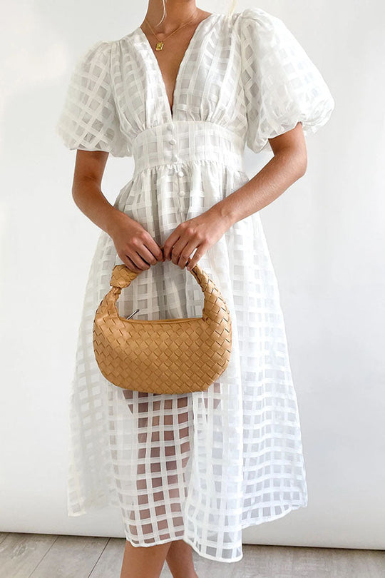 LD | Opmerkelijke Schoonheid Vierkante Gedessineerde Stof Puff Mouwen Party Midi Dress
