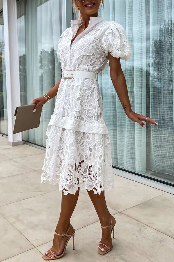 LD | Absoluut Elegant Bloemig Gehaakt Kant Pofmouw Riem Overhemd Midi Dress