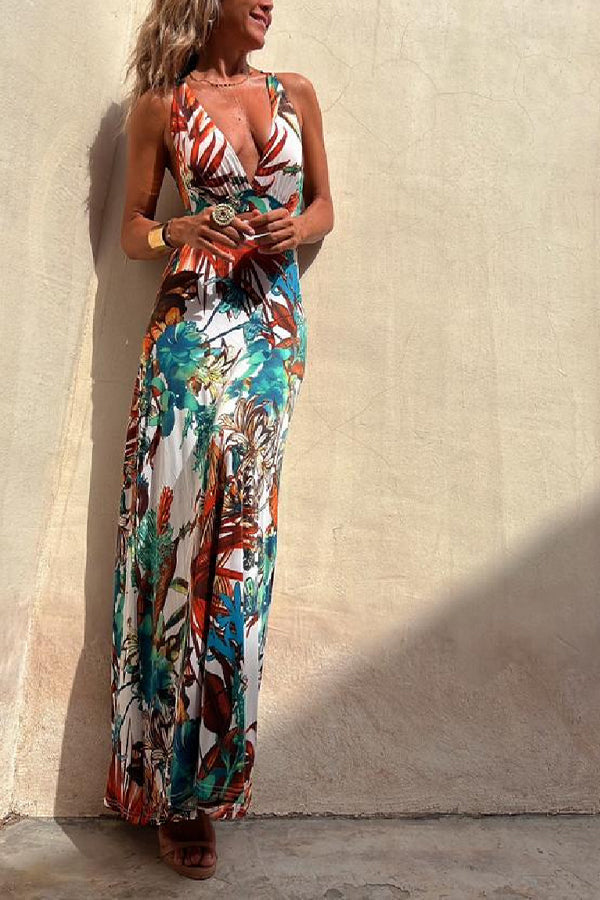 LD | RAINFOREST PARADISE TROPISCHE PRINT RUG CROSSOVER STRETCH MAXI JURK