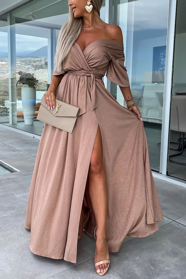 LD | Call Me Confident Glitter Stof Belted Slit Maxi Dress