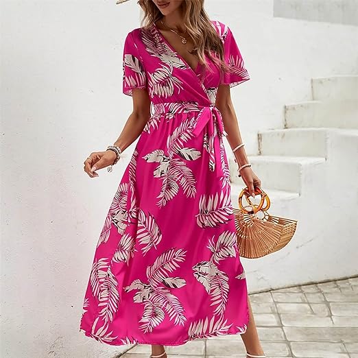 LD | Jurk met riem in tropische print en hoge taille