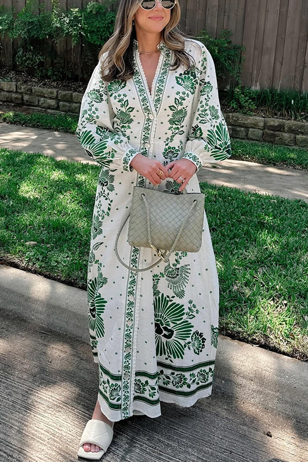 LD | Unieke Print Button Down Lange Mouw Shirt Maxi Dress