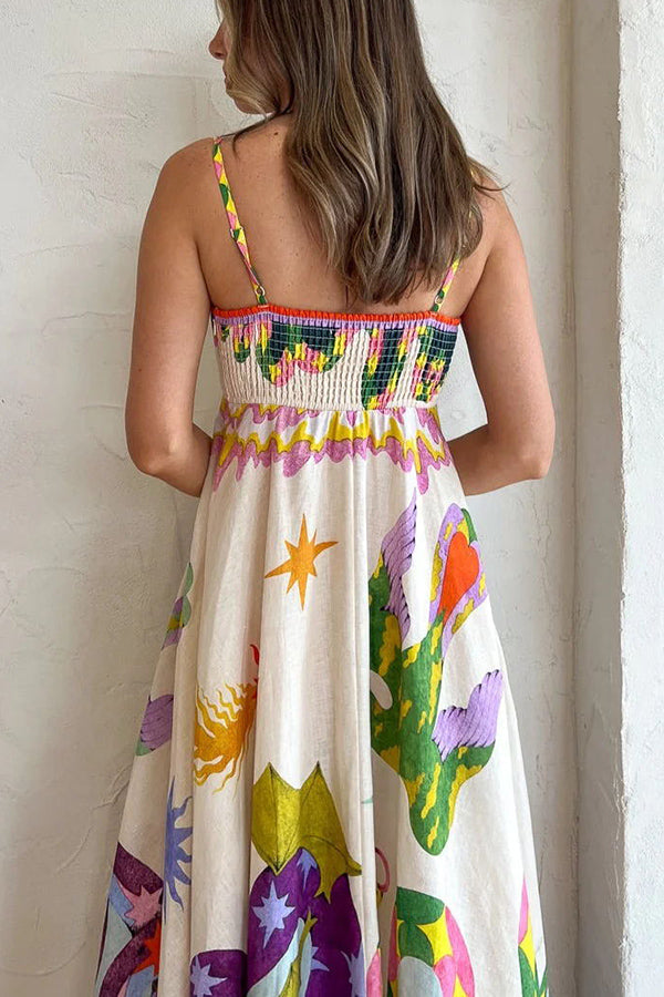 LD | Feel Moeiteloos Linnenmix Unieke Print Midi Dress met Gesmokte Rug