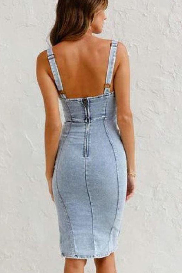 LD | Dit seizoen Staple Denim Verstelbare Bandjes Zip-up Stevige Stretch Midi Dress