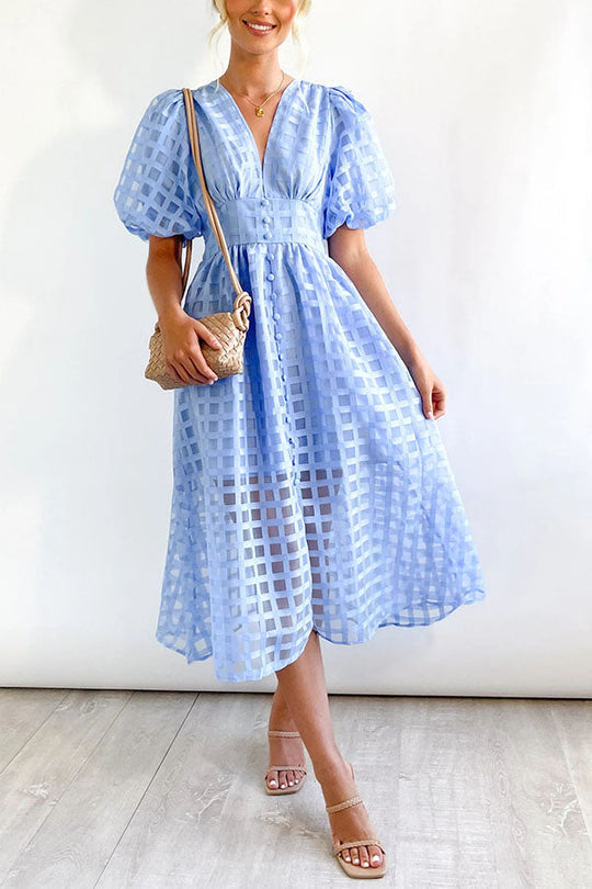 LD | Opmerkelijke Schoonheid Vierkante Gedessineerde Stof Puff Mouwen Party Midi Dress