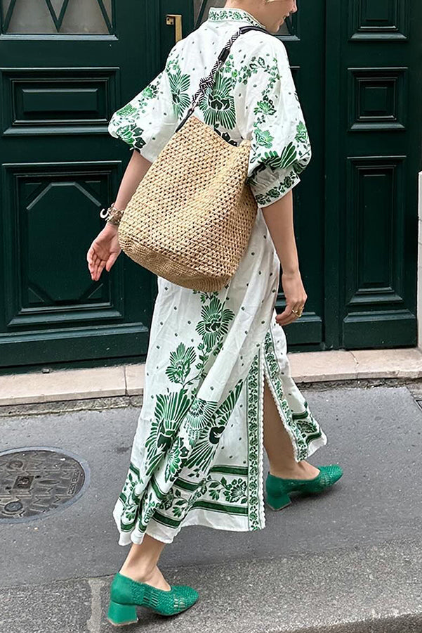 LD | Unieke Print Button Down Lange Mouw Shirt Maxi Dress