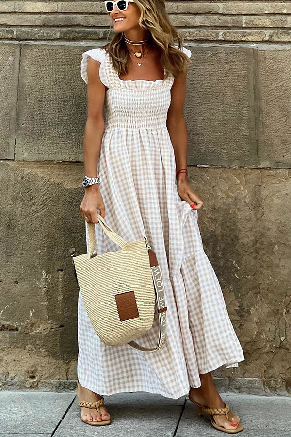 LD | Singing Solo Multi Plaid Maxi Dress met gesmokte bovenkant