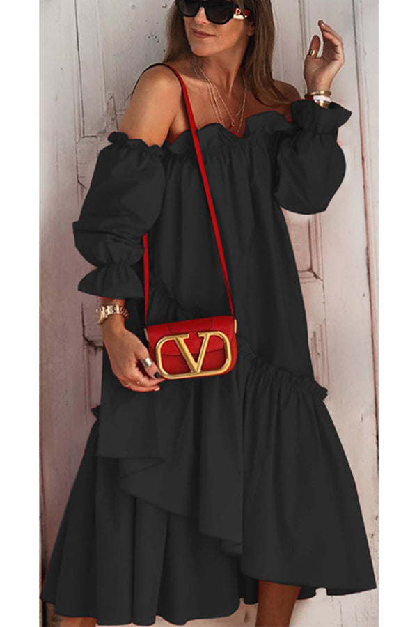 LD Fionna Off Shoulder Ruffle Irregular Trim Loose Midi Dress