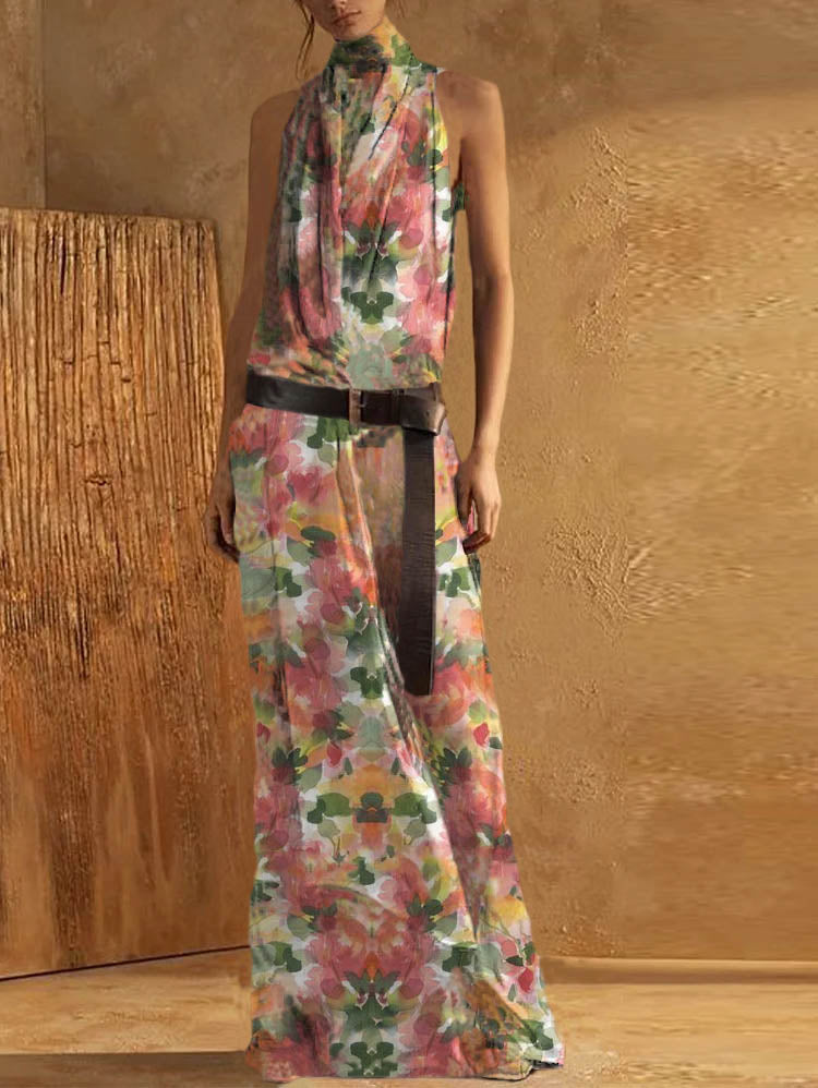 LD | Maxi Tank Dress voor dames - Hoge halslijn - Mouwloos - Tailleband - Vloeiende pasvorm - Ademende mix