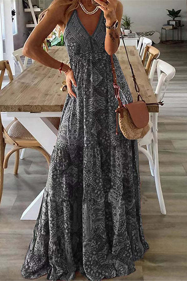 LD Celeste Boho geprinte maxi jurken met elastiek in de taille
